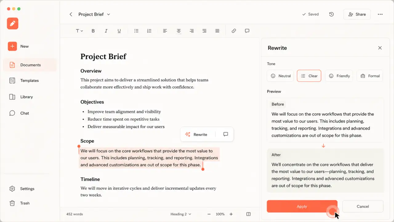 Illustrative document editor with a rewrite feature and before-and-after preview