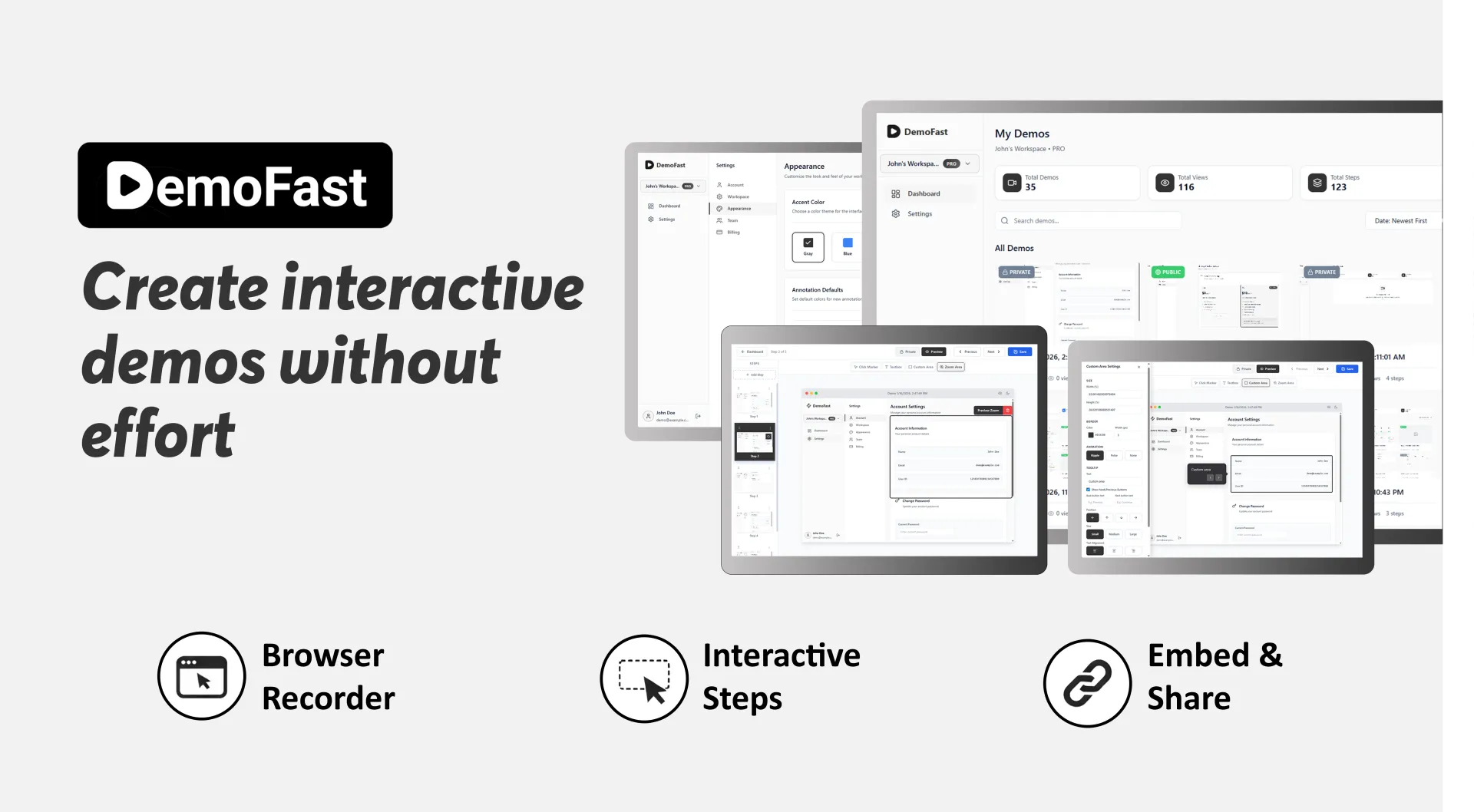 DemoFast editor showing an interactive product demo workflow